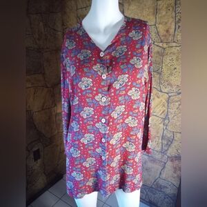 Floral V-Neck Blouse - Red and Blue